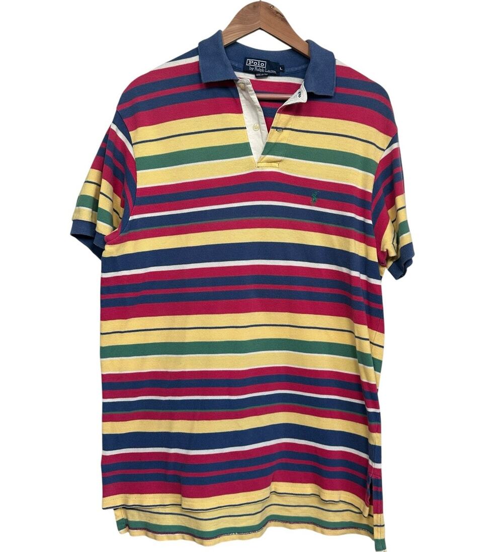 Vintage 90s Polo Ralph Lauren Men’s Striped Colorblock Pique Knit Polo Size L